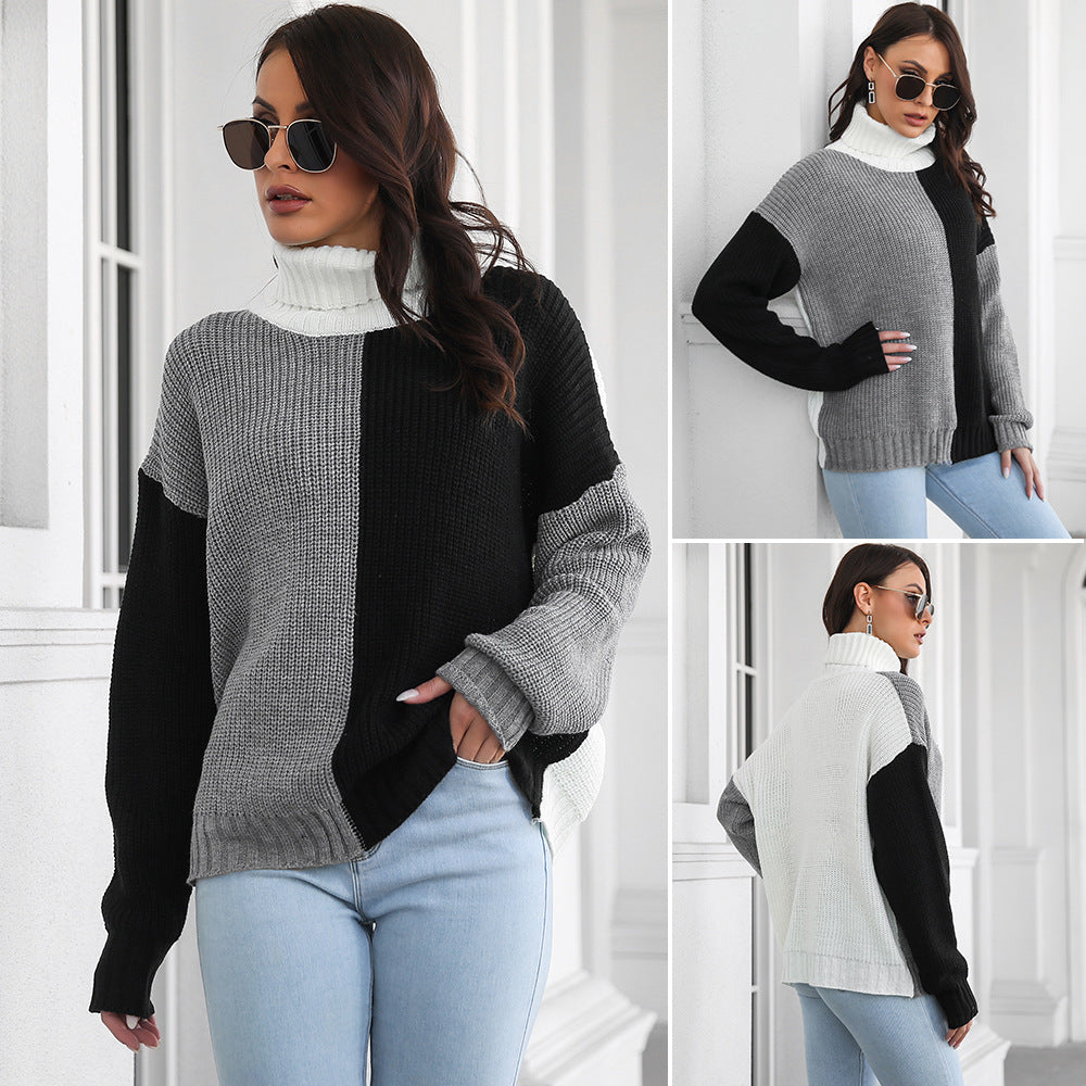 Ladies chunky knit sweater with high collar and modern color block design Ivyshape
