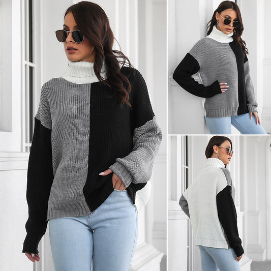 Ladies chunky knit sweater with high collar and modern color block design Ivyshape