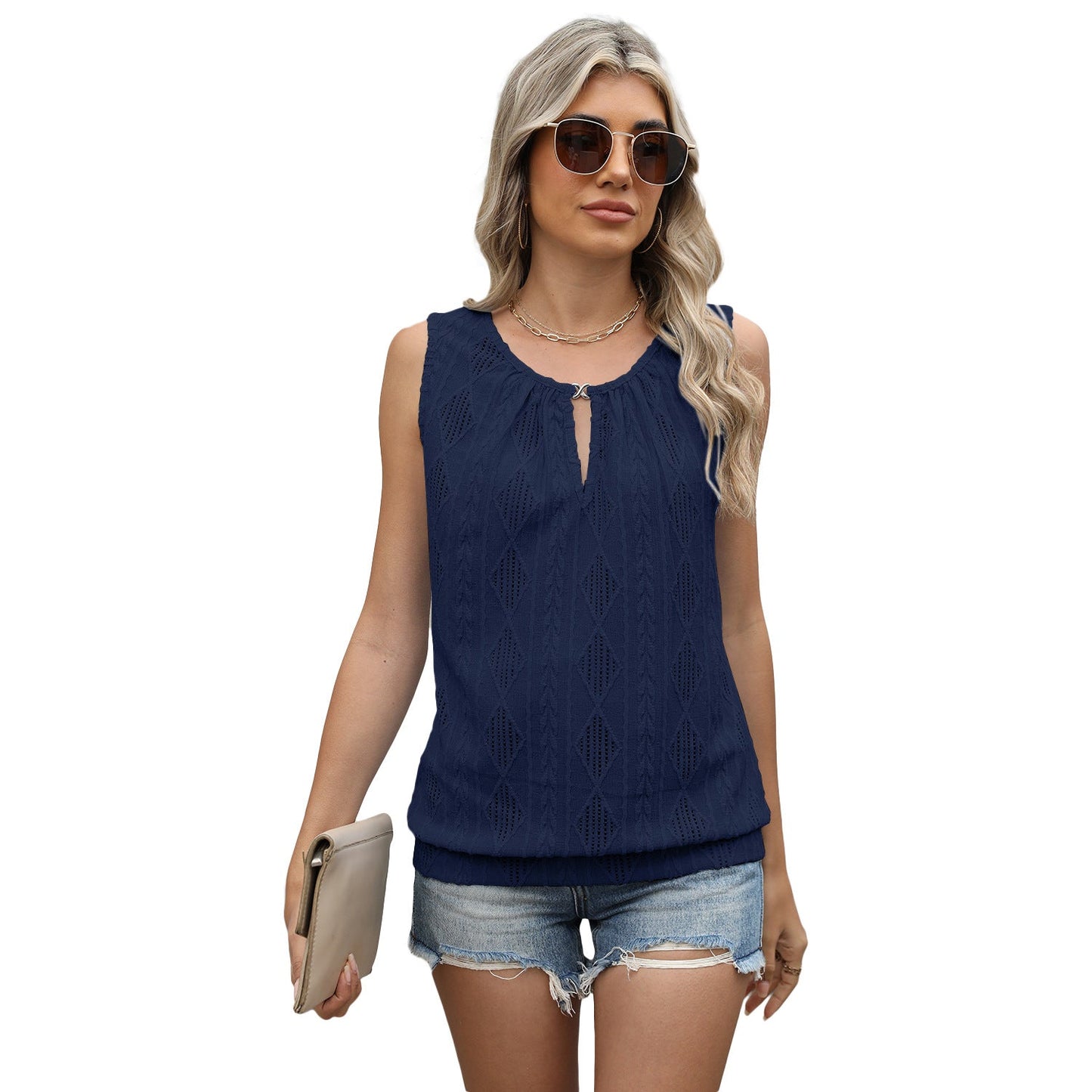 IvyShape | Button V-Neck Jacquard Sleeveless Vest Top