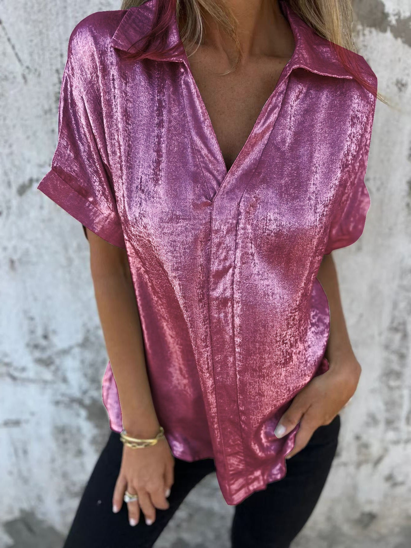 Women Elegant Short Sleeve Blouse made of Shiny Material Ivyshape