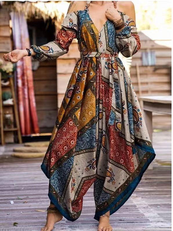 Ladies maxi dress in boho style with cold shoulder design and fitted silhouette Ivyshape