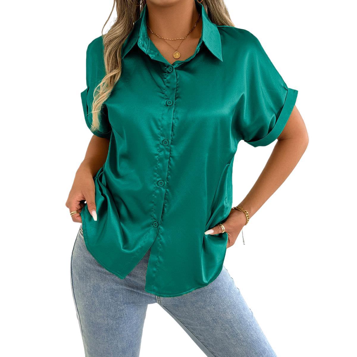Women's short-sleeve blouse made of high-quality satin with folded collar and button placket Ivyshape