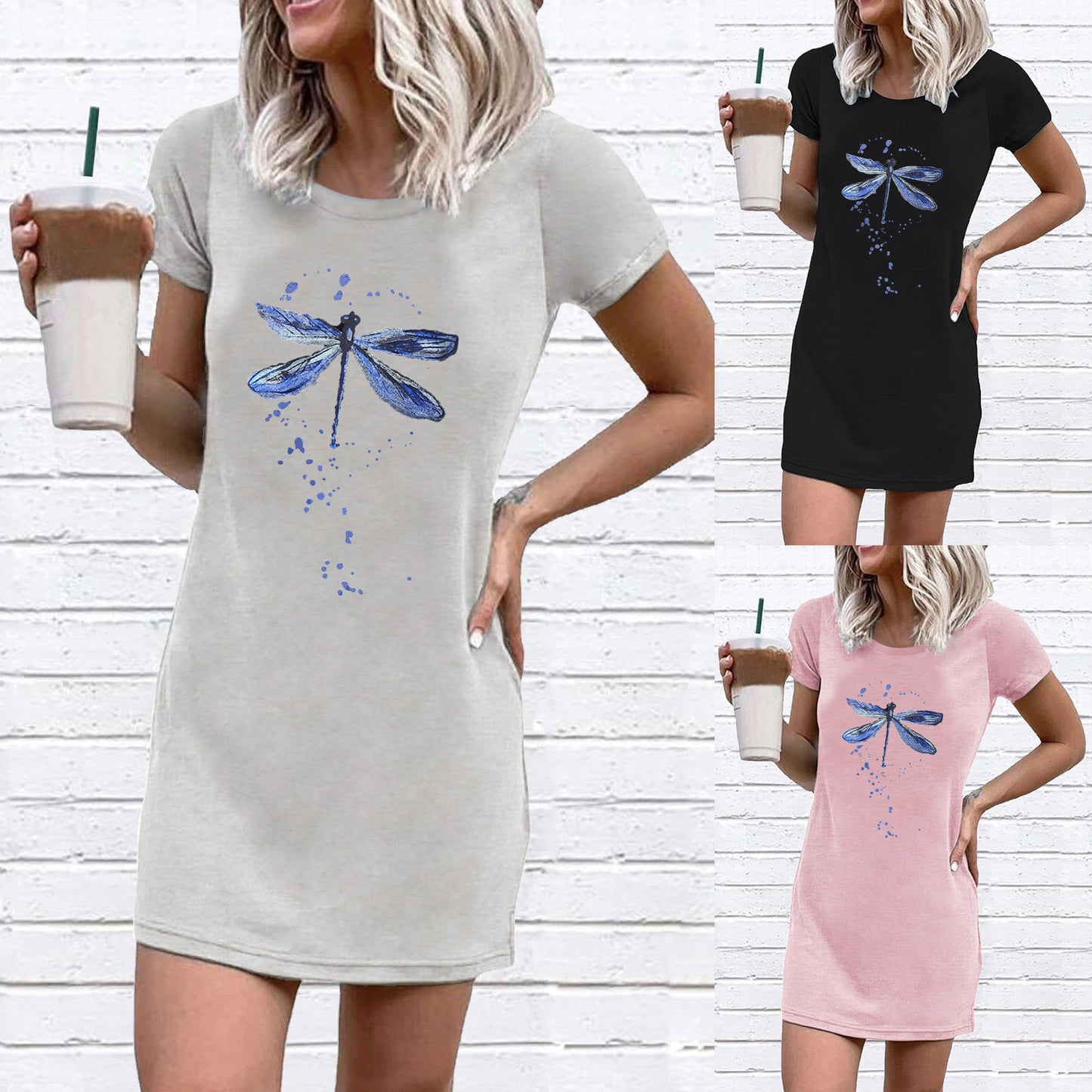 Women Short Sleeve Dress with Creative Dragonfly Motif and Loose Fit Ivyshape