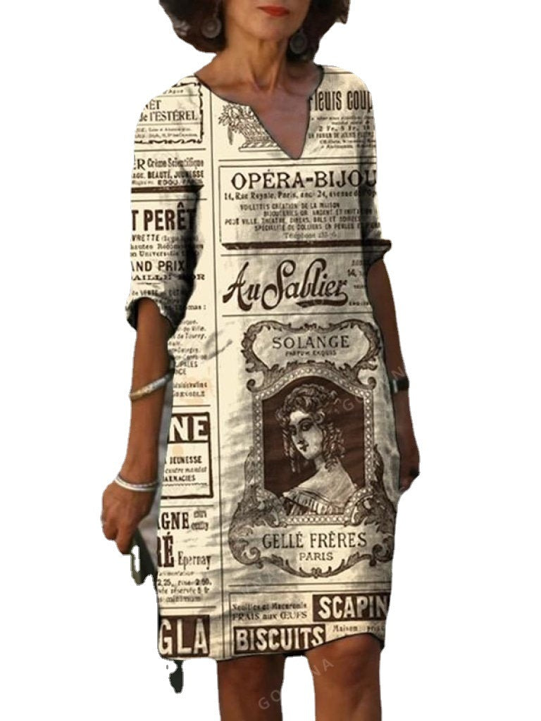 Women’s loose short-sleeve dress with newspaper print Ivyshape