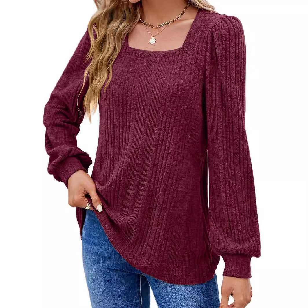 Women's fashionable sweater with textured rib pattern and puff sleeves Ivyshape