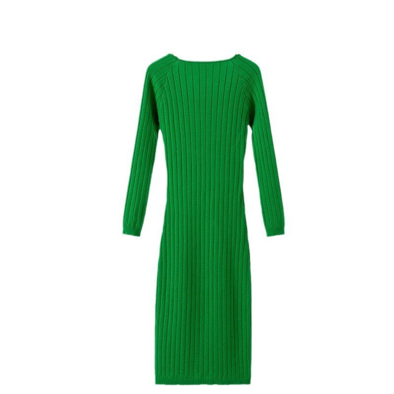 IvyShape | Round Neck Split Knit Long Dress