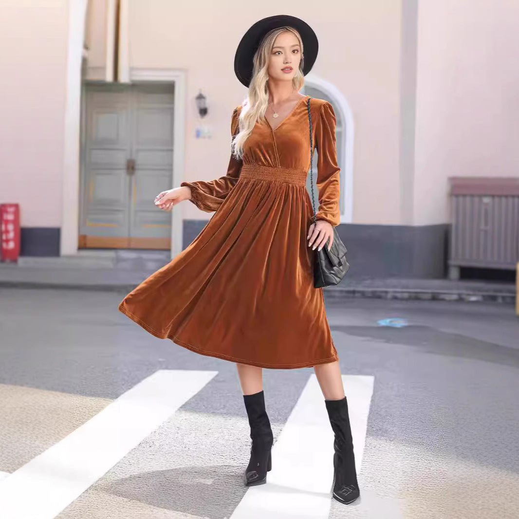 Women Elegant Velvet Maxi Dress with V-Neck and Slim Waist Ivyshape