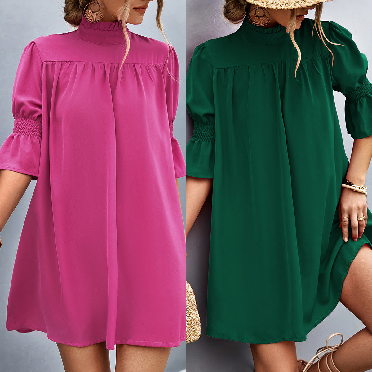 Women Festive Short Sleeve Dress with Stand Collar and Airy Sleeves Ivyshape