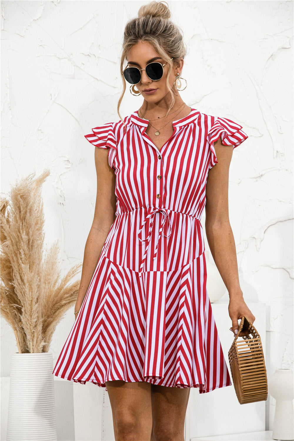 Women's short sleeve dress with a stylish check pattern and elastic waist drawstring Ivyshape