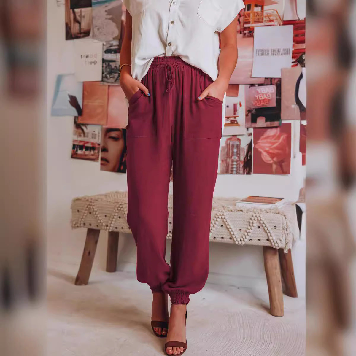 Women's Comfortable and Casual Pants with Elastic Waistband and Versatile Pockets Ivyshape