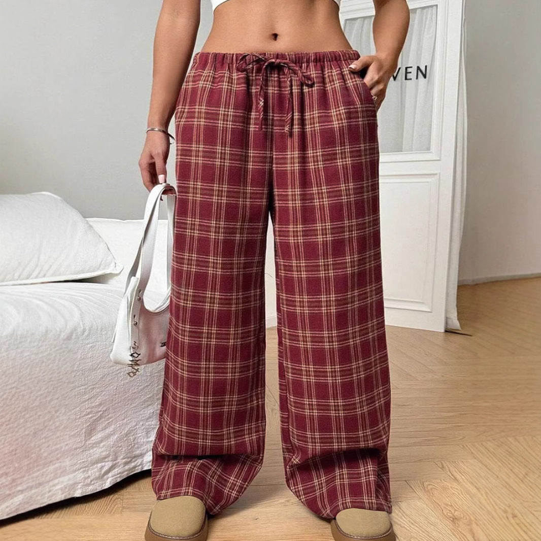 Women's wide checked trousers with elastic waistband and side pockets Ivyshape