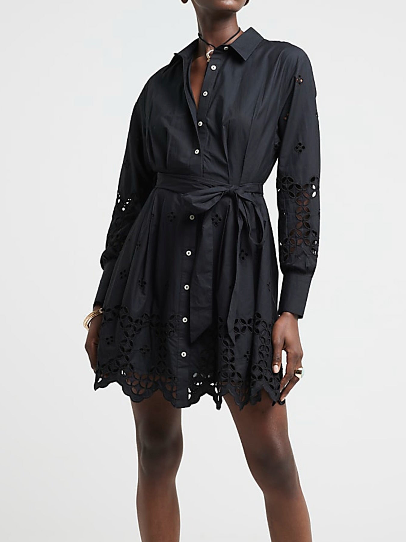 IvyShape | Hollow Embroidered Shirt Collar Tie Dress