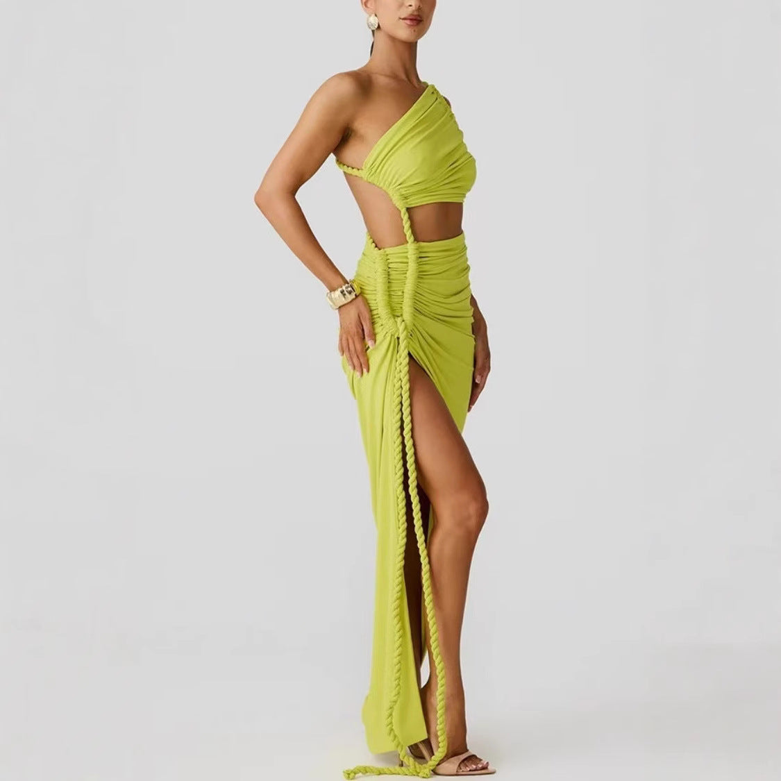 Women Figure-Flattering Wrap Dress with Asymmetrical Neckline and High Slit Ivyshape