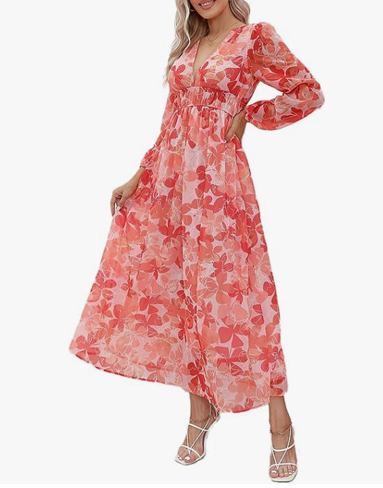 Ivyshape | Women’s Printed V-Neck Long Sleeve Summer Maxi Dress