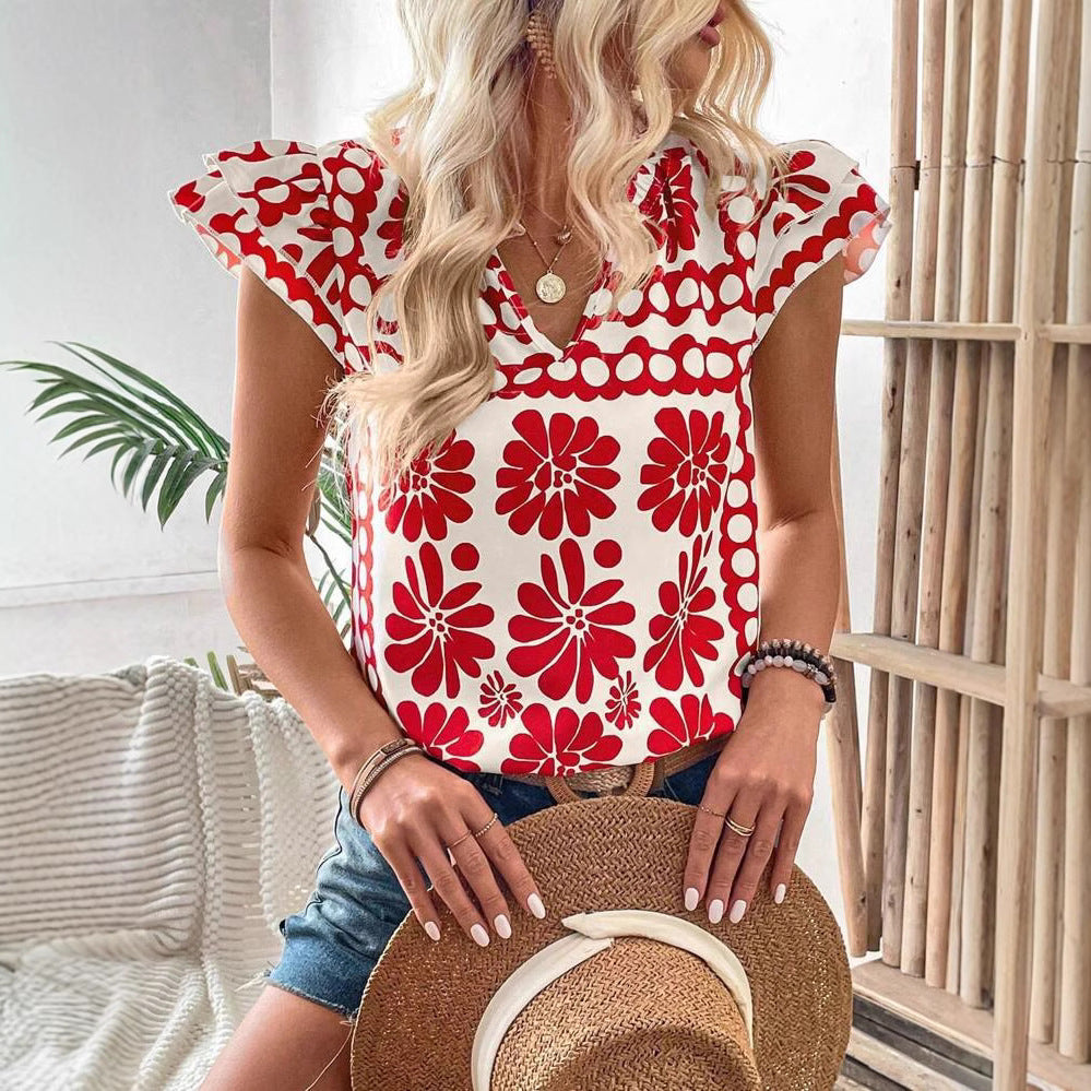 Ladies blouse with floral ruffle details and fresh design Ivyshape