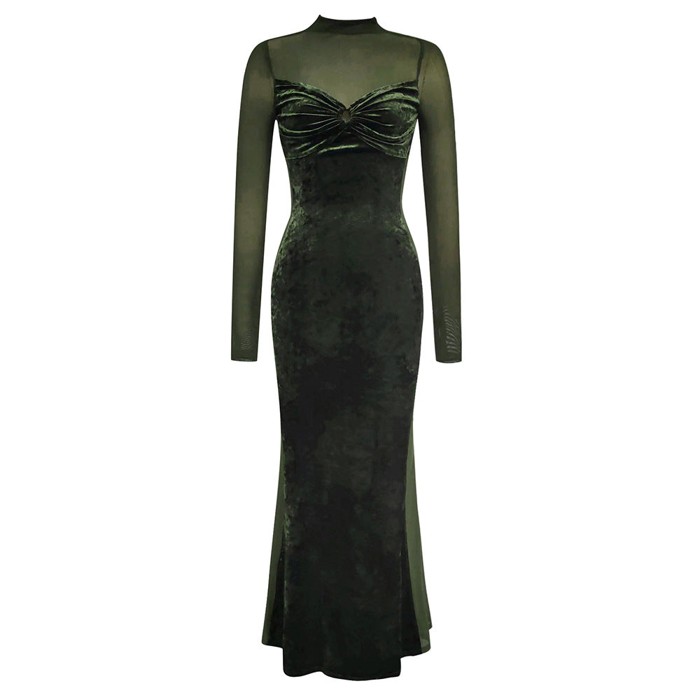 Women Elegant Velvet Maxi Dress with Sheer Sleeves and Chic V-Neck Ivyshape