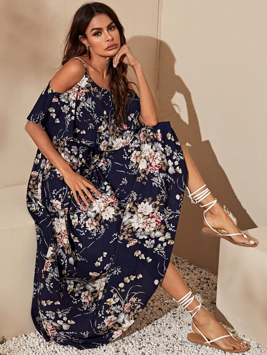 Women's maxi dress with off-shoulder design and floral pattern Ivyshape