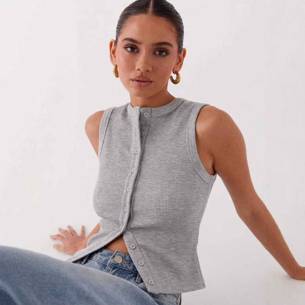 Ladies Short Sleeve Ribbed Knit Top with Button Placket Ivyshape