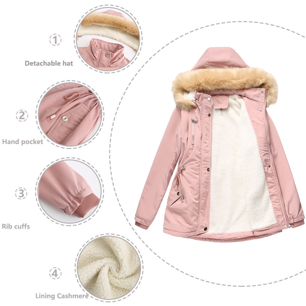 Women's fashionable outdoor jacket with removable faux fur collar and elastic waist drawstring Ivyshape