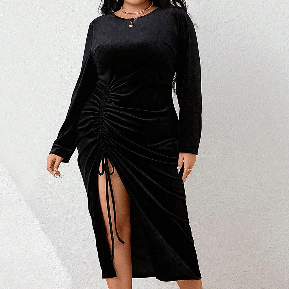 Women elegant wrap midi dress with side gathering elements and high slit design Ivyshape