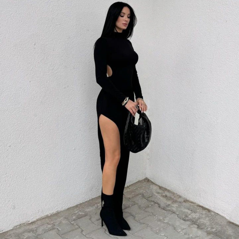 Women's Elegant Long Sleeve Dress with High Collar and Side Slit Ivyshape