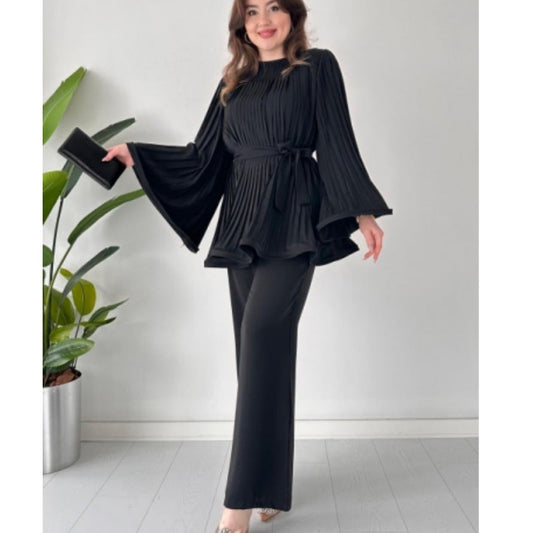 IvyShape | Tie-Waist Pleated Loose Top Wide Leg Pants Set