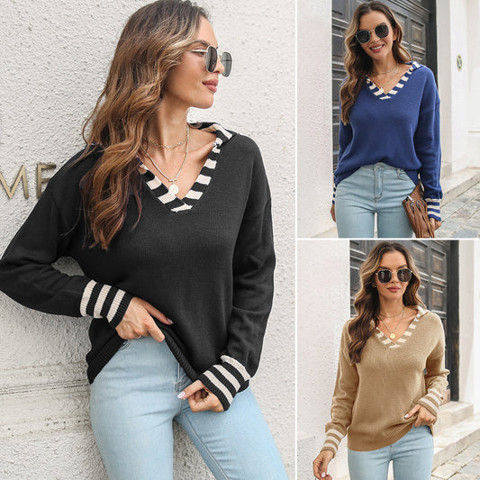 Ladies Casual Sweater with V-Neck and Striped Sleeve Cuff Ivyshape