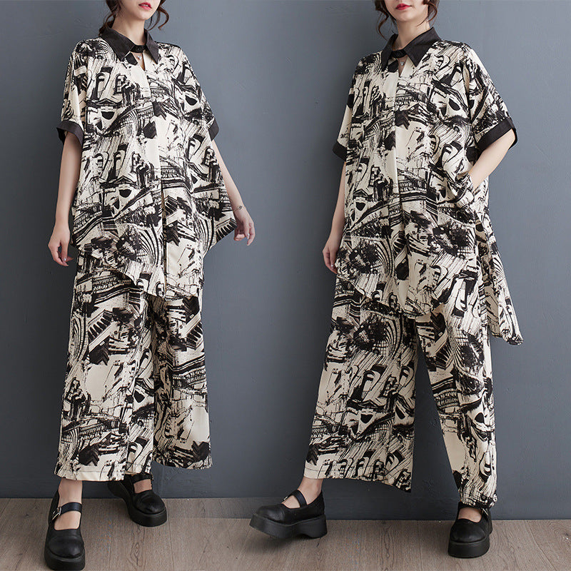 IvyShape | Floral Shirt Elastic Waist Wide Leg Two-Piece Set