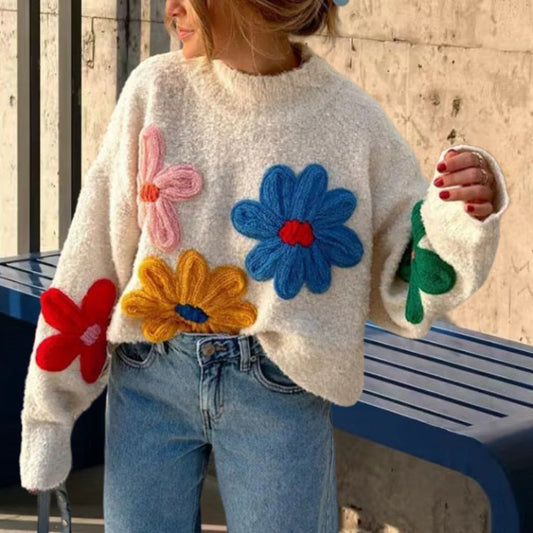 IvyShape | Vibrant Flower Embroidered Knit Pullover Sweater