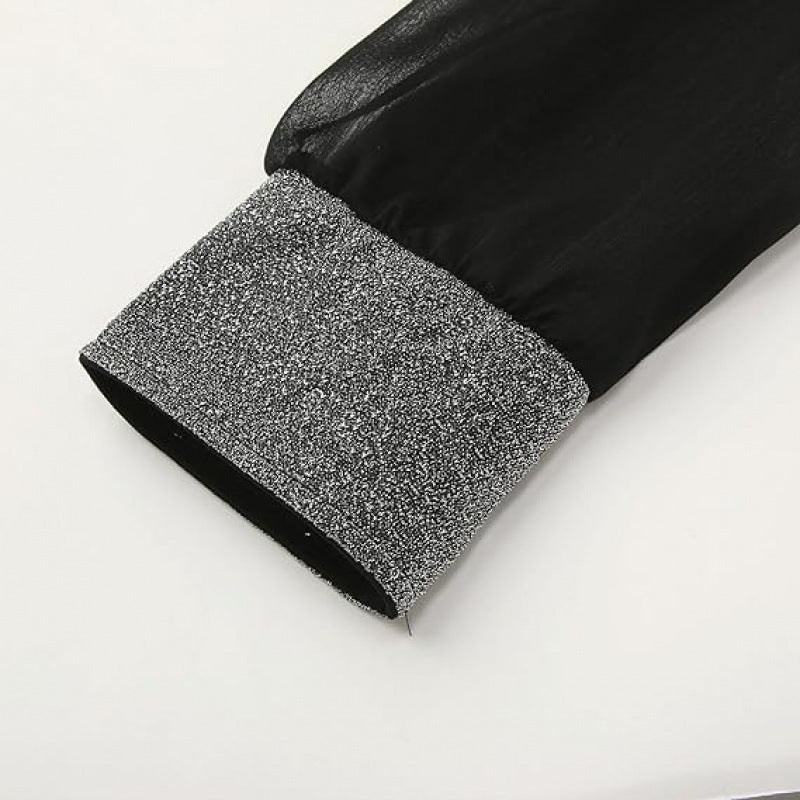 Women Elegant V-neck Mini Dress with Transparent Long Sleeves and Gemstone Accents Ivyshape