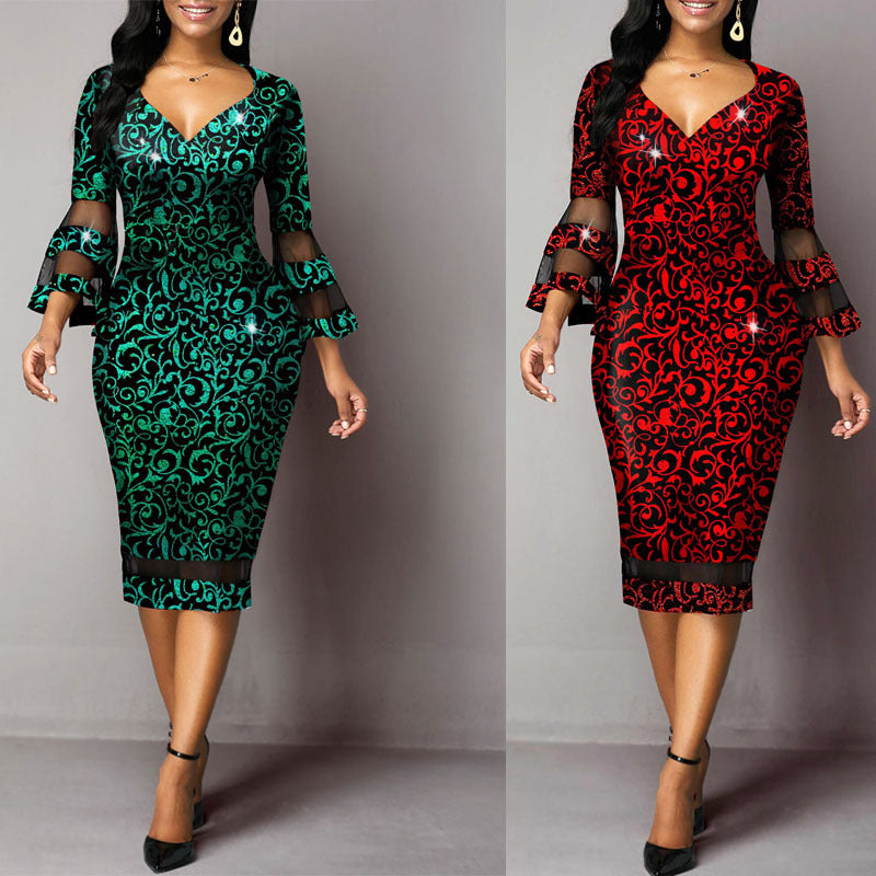 Women Elegant Sheath Dress with Sheer Trumpet Sleeves and Floral Pattern Ivyshape