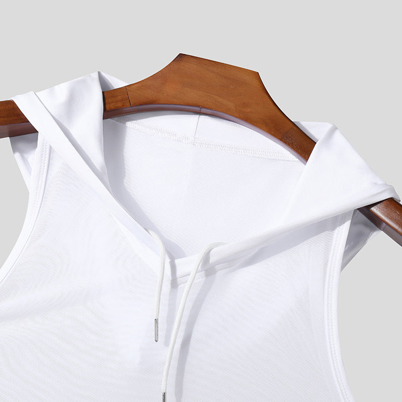 Men's Breathable Sports Tank Top with Hood and Practical Lacing Ivyshape