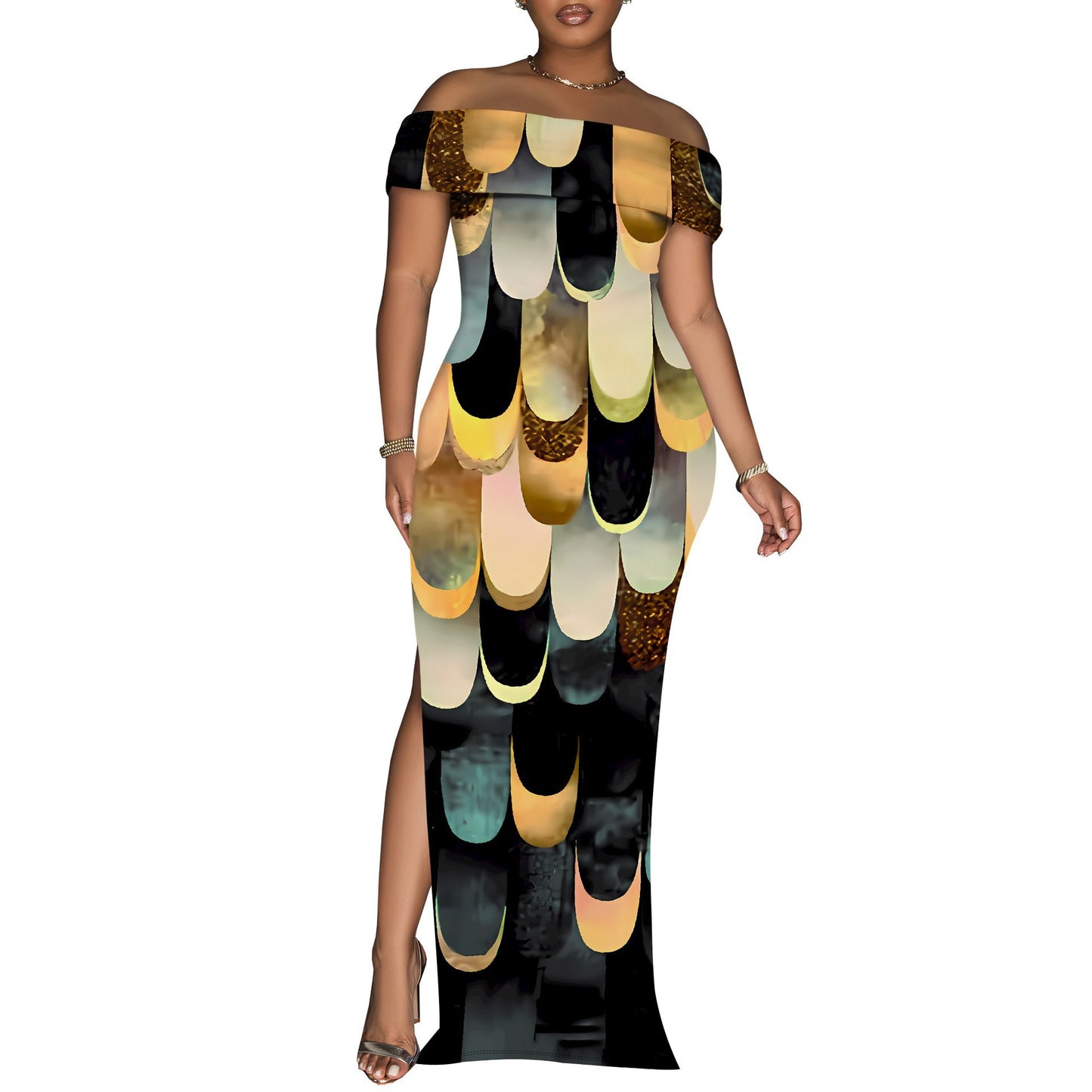 Women's Off-Shoulder Maxi Dress with Glamorous Glitter Design Ivyshape