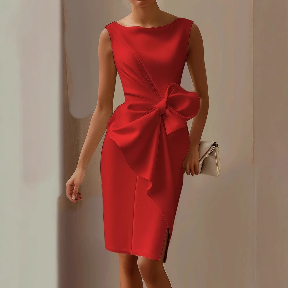 Women Elegant Slim Midi Dress with Bow Detail Ivyshape