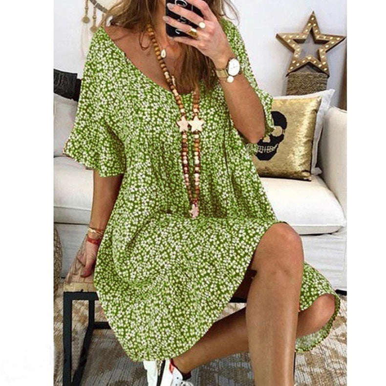 Women's airy casual dress with floral details and charming ruffled hems Ivyshape