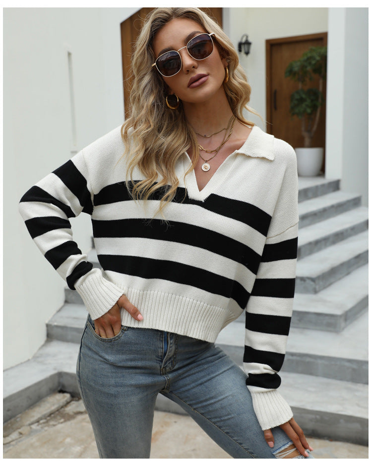 IvyShape | Striped Long Sleeve Polo Knitted Top