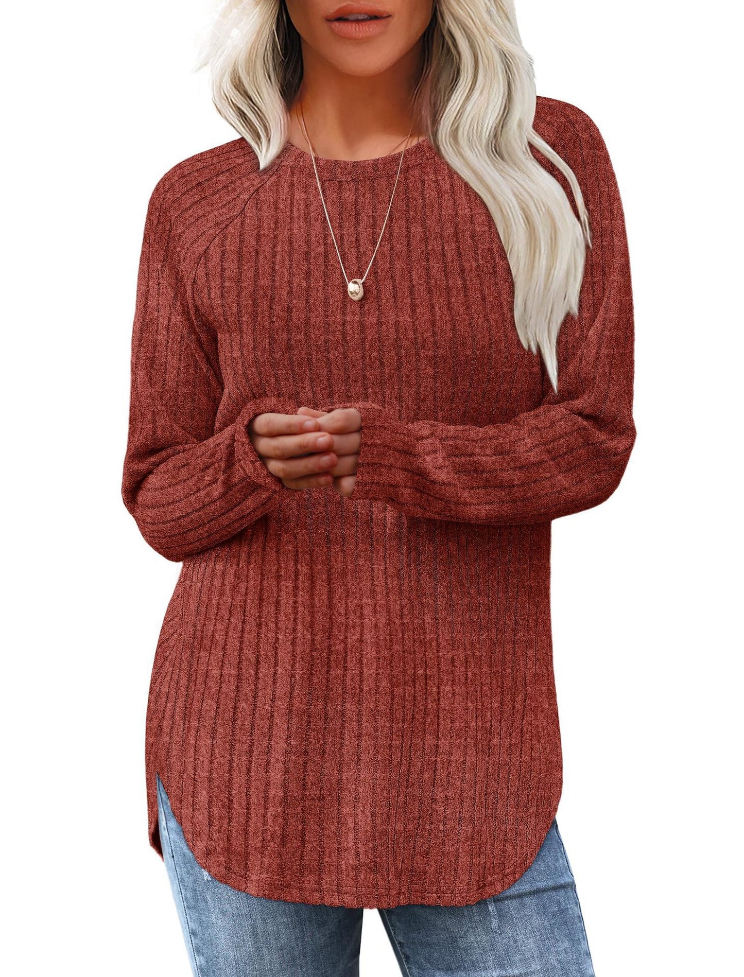 Women casual long sleeve sweater with textured rib design Ivyshape