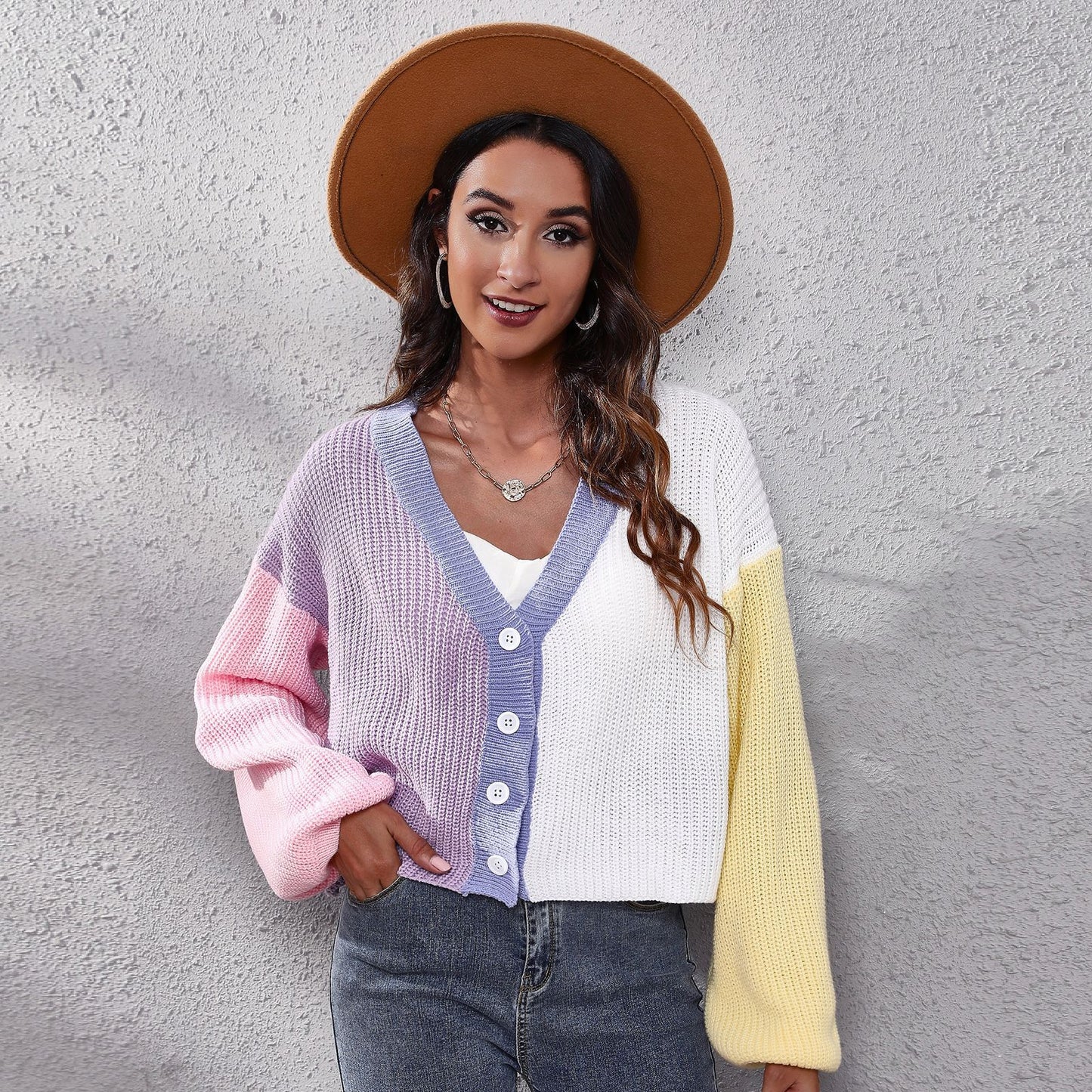 Women's Modern Knitted Cardigan with Colorful Block Stripes and V-Neck Ivyshape