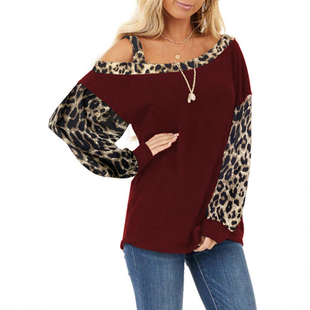 Women's casual top with off-shoulder design and trendy animal print sleeves Ivyshape
