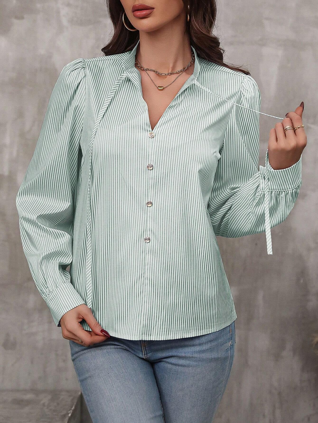 Women elegant striped blouse with puff sleeves and fine button details Ivyshape