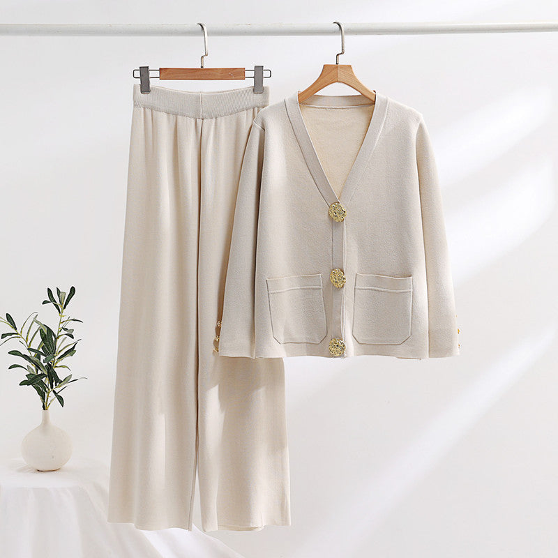 IvyShape | Golden Buckle Sweater and Wide Leg Pants Set