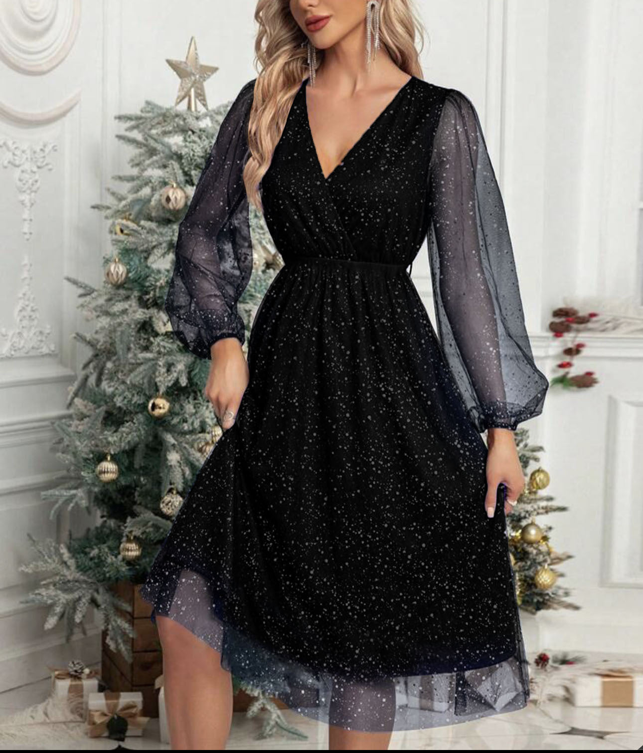 Ladies mididress with sparkling glitter and transparent puff sleeves Ivyshape