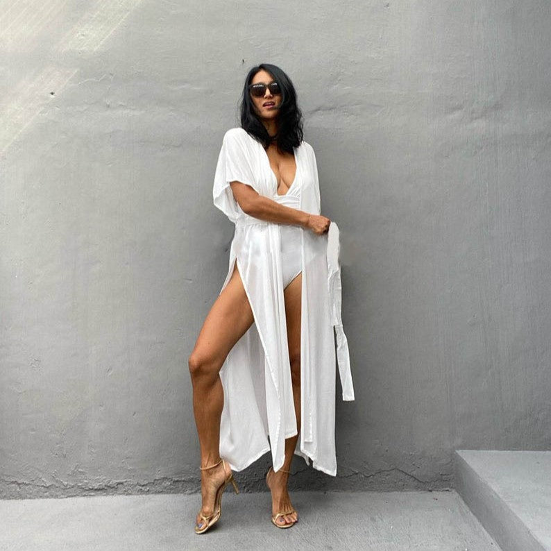 Ladies Stylish Beach Cover-Up with Deep V-Neck and Side Slits Ivyshape