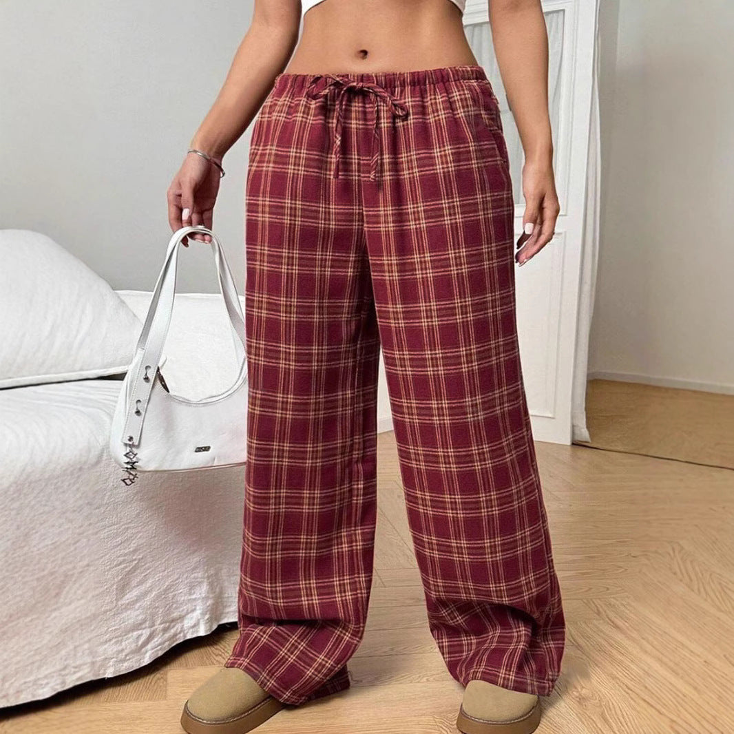 Women's wide checked trousers with elastic waistband and side pockets Ivyshape