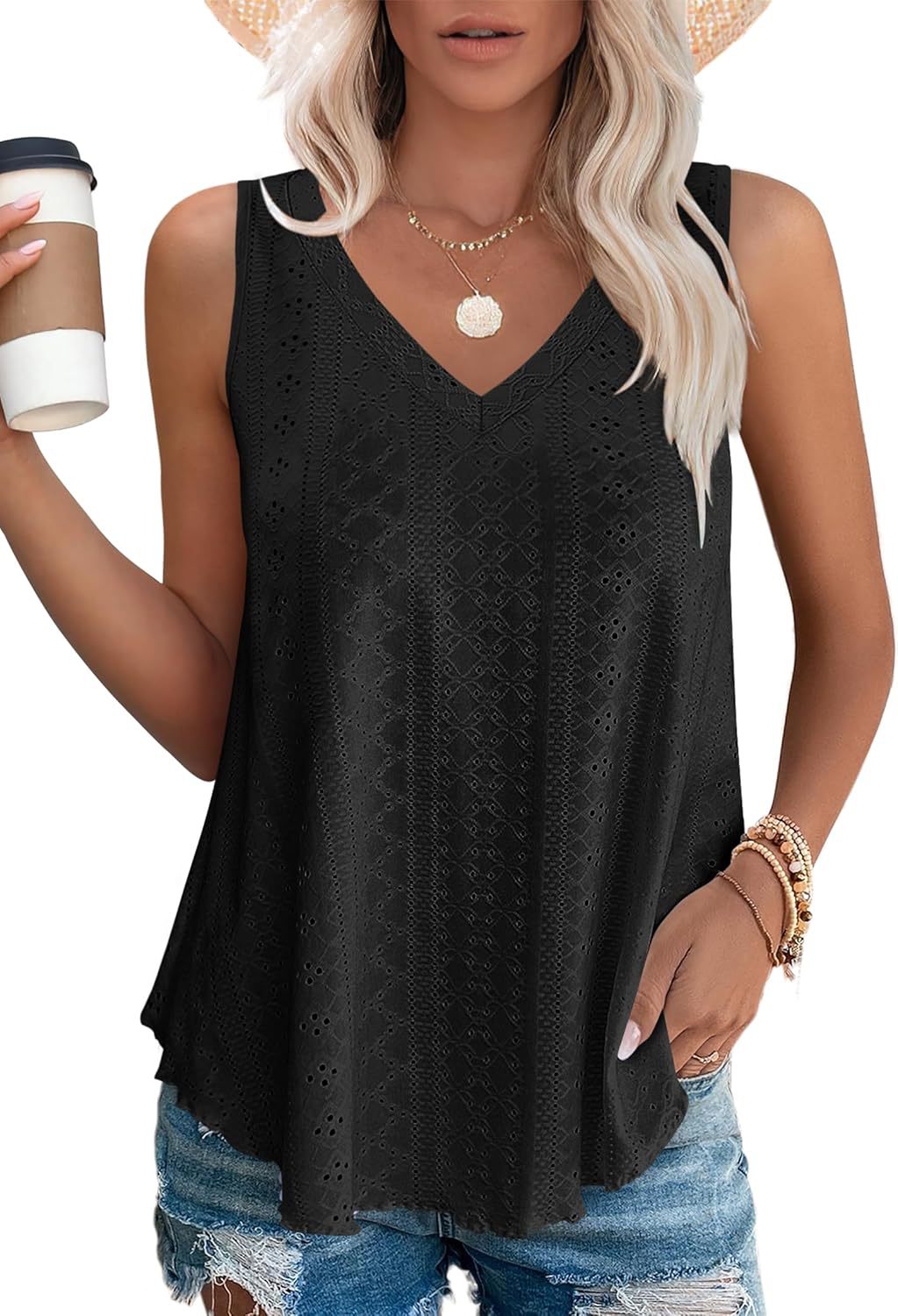 Women Eyelet Design Sleeveless Top Ivyshape