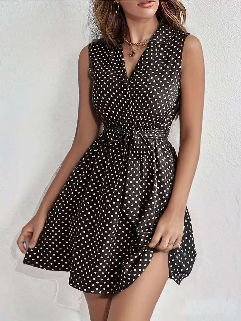 Women's Polka Dot Shirt Dress with Tailored Fit and Flared Skirt Ivyshape