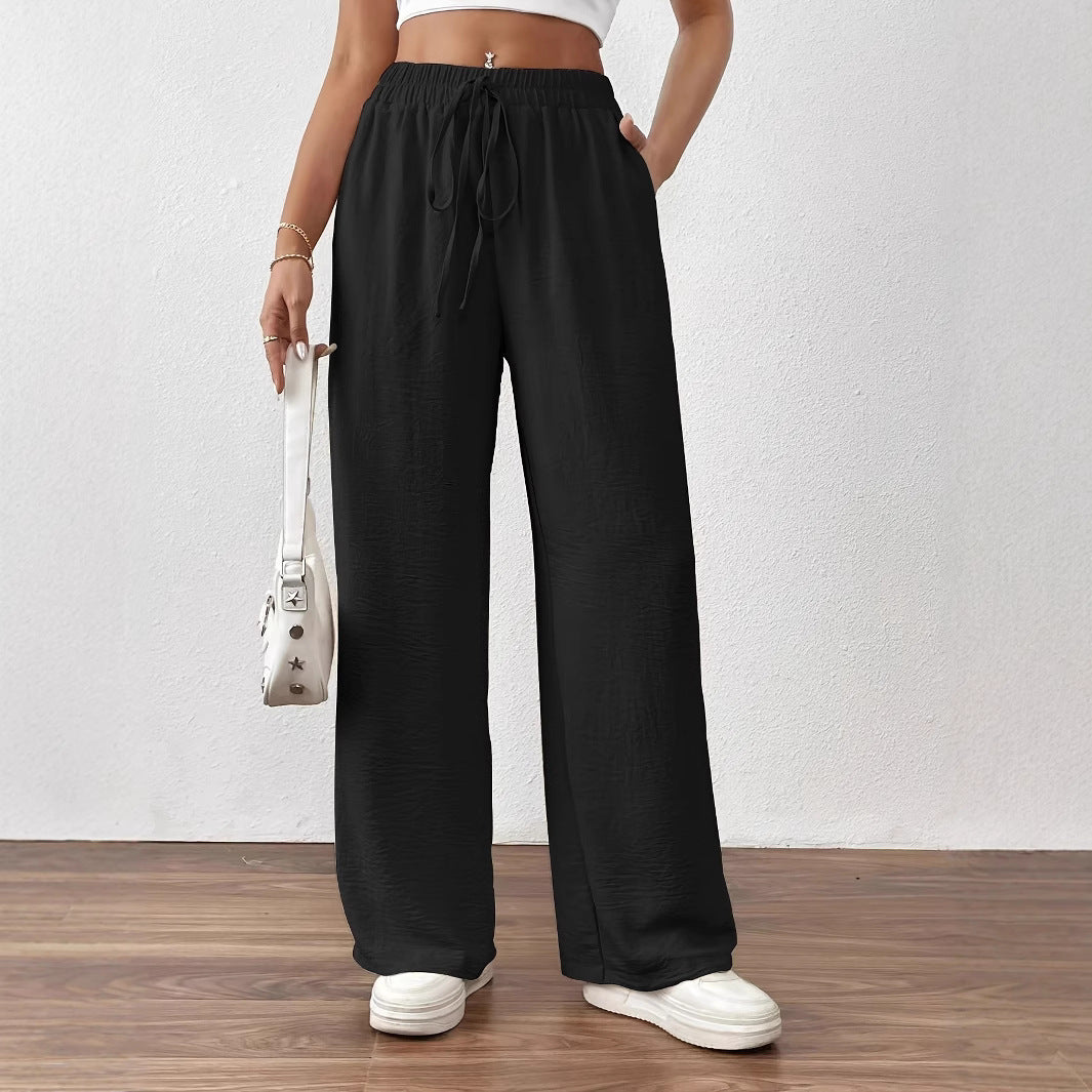 Women's Summer Palazzo Pants with Elastic Waistband and Tie Belt Ivyshape