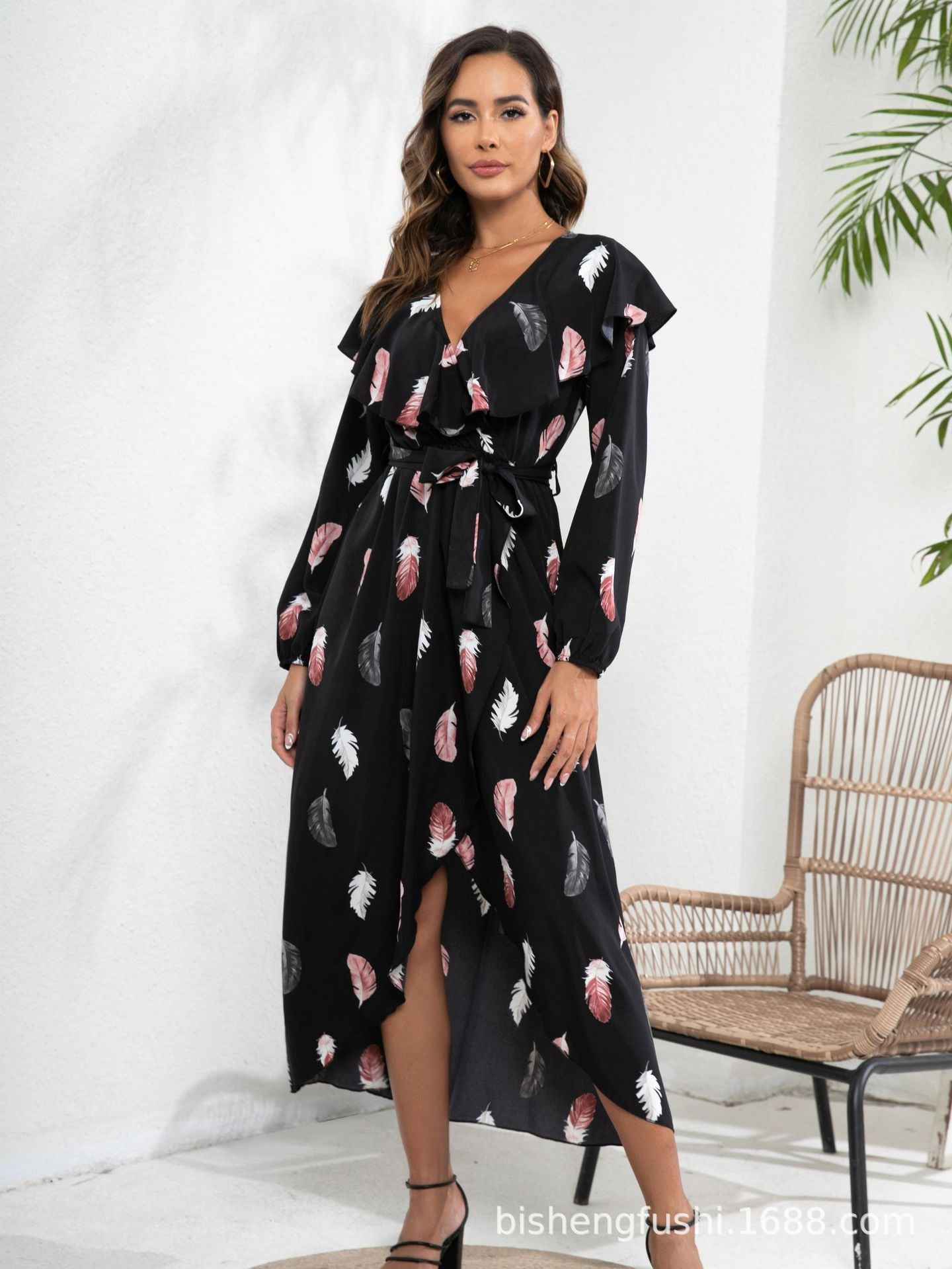 Women's maxi dress with ruffle details and stylish belt Ivyshape