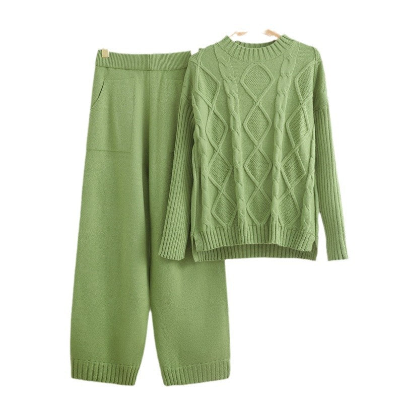 IvyShape | Twisted knit sweater and wide pants set