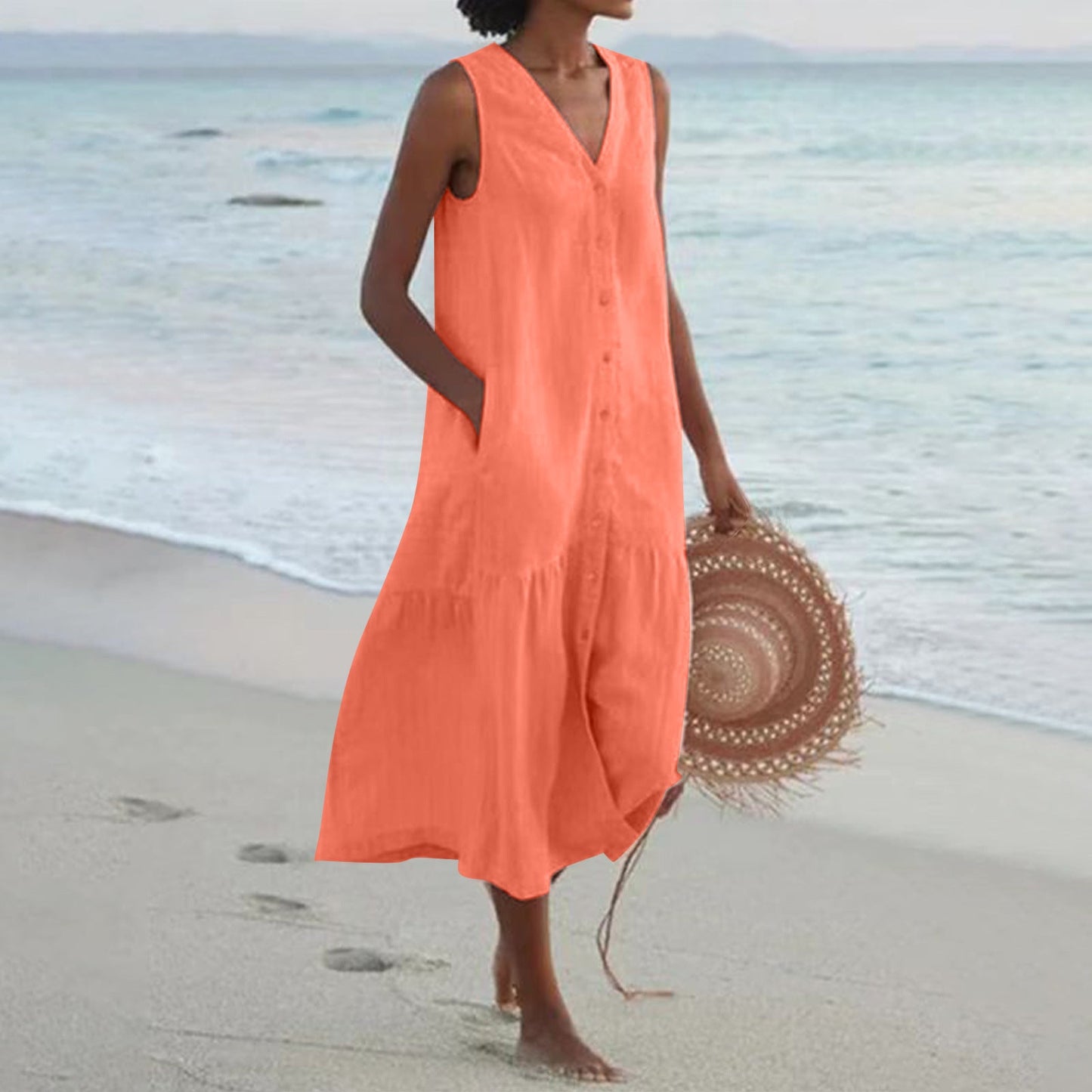 Women's airy maxi dress with button placket and practical pockets Ivyshape